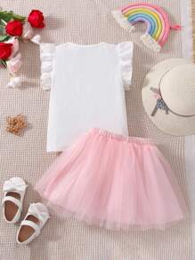 Toddler Girls Slogan & Rainbow Print Ruffle Trim Tee & Mesh Skirt - Multicolor - View 2