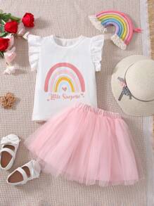 Toddler Girls Slogan & Rainbow Print Ruffle Trim Tee & Mesh Skirt - Multicolor - View 6