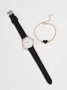 1pc Women Watch PU Leather Band Round Pointer Quartz Watch And 1pc Heart Bracelet Watch Set