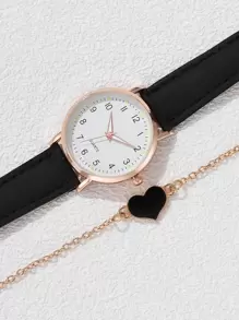 1pc Women Watch PU Leather Band Round Pointer Quartz Watch And 1pc Heart Bracelet Watch Set