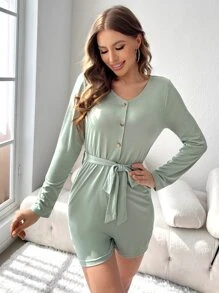 Half Button Belted Lounge Romper - Mint Green - View 3