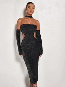 SHEIN BAE 鏤空金屬亮絲緊身連衣裙附項圈 - 黑色 - 查看 1