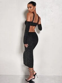 SHEIN BAE 鏤空金屬亮絲緊身連衣裙附項圈 - 黑色 - 查看 2