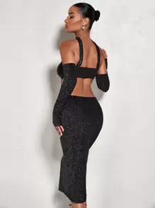 SHEIN BAE 鏤空金屬亮絲緊身連衣裙附項圈 - 黑色 - 查看 3