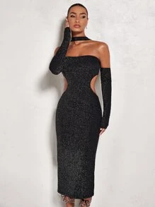 SHEIN BAE 鏤空金屬亮絲緊身連衣裙附項圈 - 黑色 - 查看 5