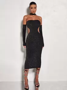 SHEIN BAE 鏤空金屬亮絲緊身連衣裙附項圈 - 黑色 - 查看 6