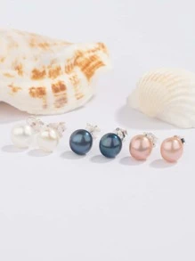 3對珍珠裝飾銀色耳針，婚禮飾品新娘珠寶假日配件 - 彩色 - 查看 2