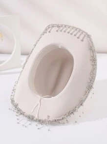 Rhinestone Tassel Decor Fedora Hat - White - View 3