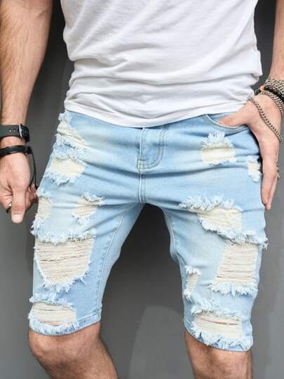 Homme Short En Jean En Coton Déchiré Effiloché À Poche