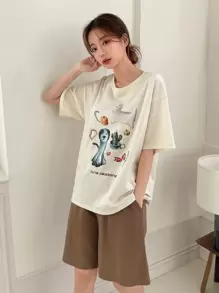 DAZY 卡通和字母圖案落肩袖休閒服套裝 - 米色 - 查看 1