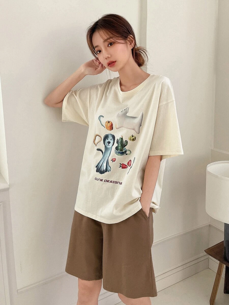 DAZY 卡通和字母圖案落肩袖休閒服套裝 - 米色 - 查看 1