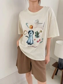 DAZY 卡通和字母圖案落肩袖休閒服套裝 - 米色 - 查看 2