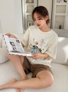 DAZY 卡通和字母圖案落肩袖休閒服套裝 - 米色 - 查看 4