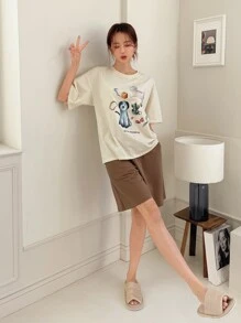 DAZY 卡通和字母圖案落肩袖休閒服套裝 - 米色 - 查看 5