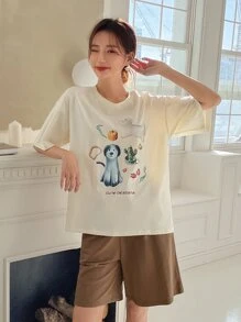 DAZY 卡通和字母圖案落肩袖休閒服套裝 - 米色 - 查看 6