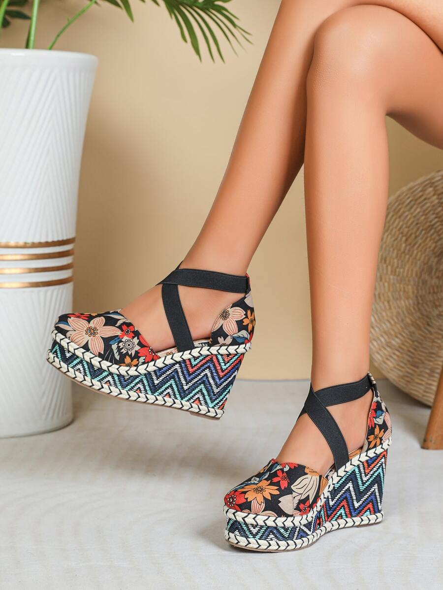 Floral Pattern Criss Cross Ankle Strap Canvas Wedge Shoes - Multicolor - View 1