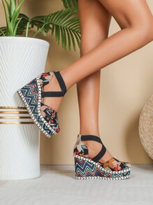 Floral Pattern Criss Cross Ankle Strap Canvas Wedge Shoes - Multicolor - View 4