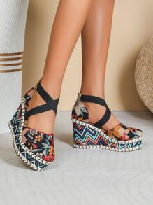 Floral Pattern Criss Cross Ankle Strap Canvas Wedge Shoes - Multicolor - View 5