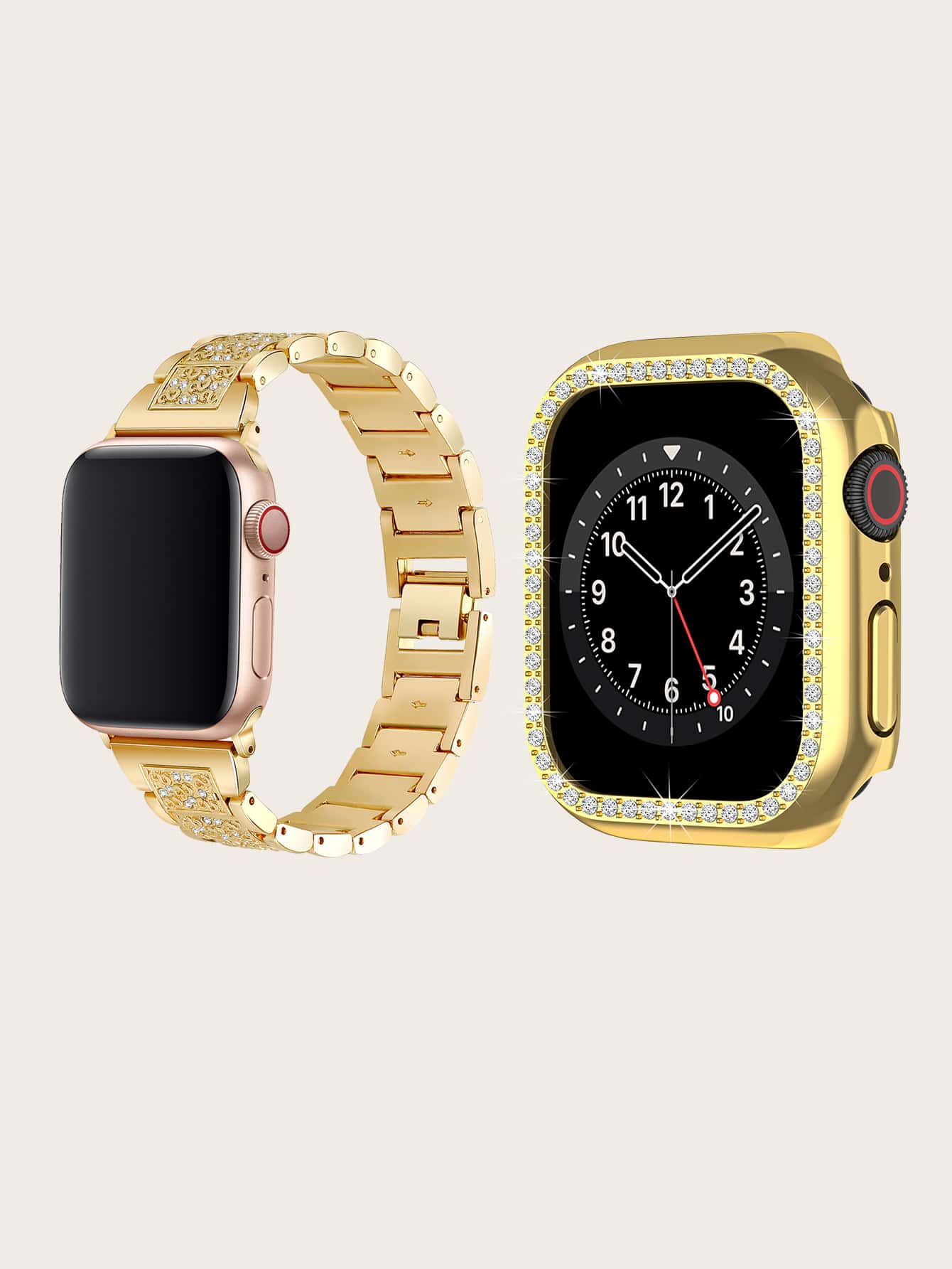 2pcs Rhinestone Decor Watchband & Case Compatible With Apple Watch - Gold - View 1