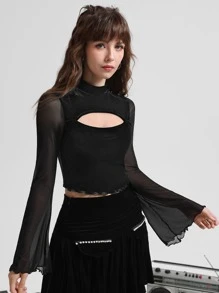 SHEIN MOD Contrast Mesh Lettuce Trim Velvet Tee - Black - View 1