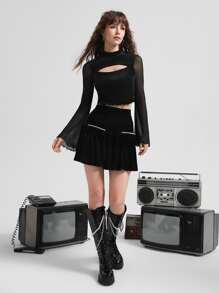 SHEIN MOD Contrast Mesh Lettuce Trim Velvet Tee - Black - View 3