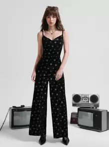 SHEIN MOD Star Print Draped Collar Cami Jumpsuit - Black - View 1