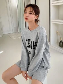 DAZY Letter Graphic Slant Pocket Drop Shoulder Lounge Set - Grey - View 4