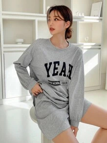 DAZY Letter Graphic Slant Pocket Drop Shoulder Lounge Set - Grey - View 5