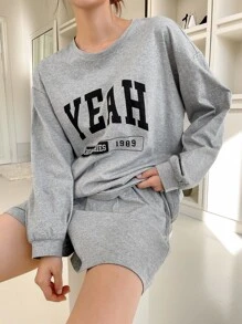 DAZY Letter Graphic Slant Pocket Drop Shoulder Lounge Set - Grey - View 6