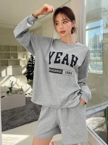 DAZY Letter Graphic Slant Pocket Drop Shoulder Lounge Set - Grey - View 8