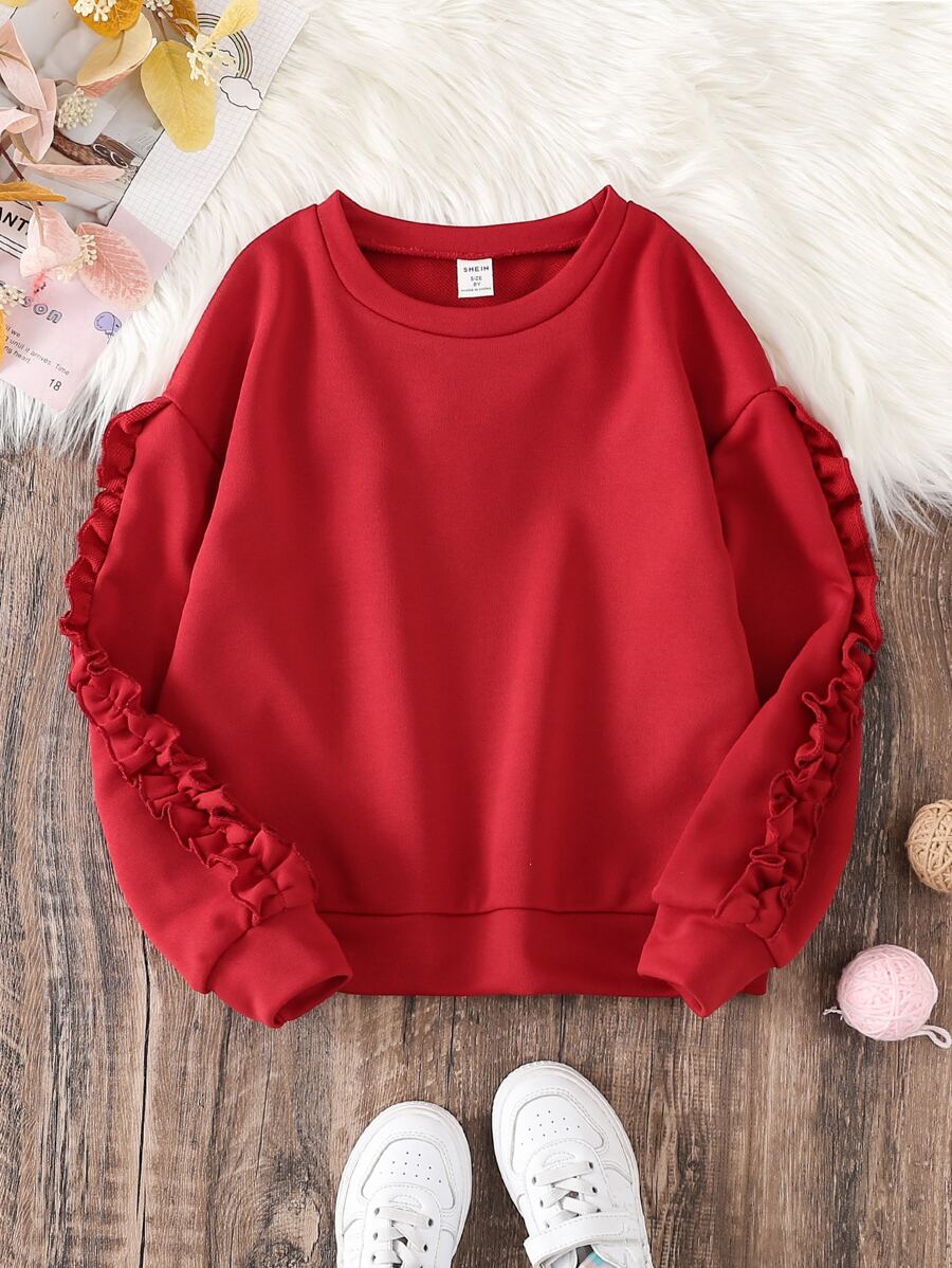SHEIN Tween Girl Frill Trim Drop Shoulder Sweatshirt - Burgundy - View 1