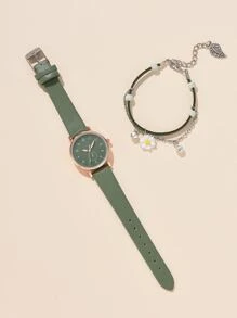 1pc Women Watch Round Pointer Quartz Watch And 1pc Daisy Decorative Bracelet Holiday Watch Set - Green - View 2