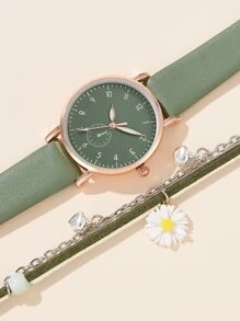 1pc Women Watch Round Pointer Quartz Watch And 1pc Daisy Decorative Bracelet Holiday Watch Set - Green - View 3