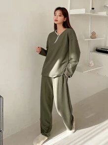 DAZY Contrast Binding Drop Shoulder Slant Pocket Lounge Set - Army Green - View 1