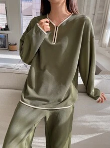 DAZY Contrast Binding Drop Shoulder Slant Pocket Lounge Set - Army Green - View 2