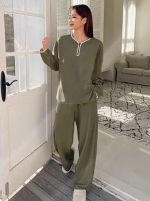 DAZY Contrast Binding Drop Shoulder Slant Pocket Lounge Set - Army Green - View 3