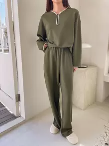 DAZY Contrast Binding Drop Shoulder Slant Pocket Lounge Set - Army Green - View 4