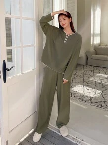 DAZY Contrast Binding Drop Shoulder Slant Pocket Lounge Set - Army Green - View 5