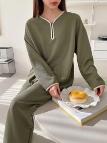 DAZY Contrast Binding Drop Shoulder Slant Pocket Lounge Set - Army Green - View 6