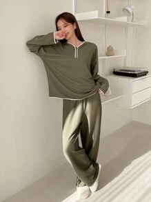 DAZY Contrast Binding Drop Shoulder Slant Pocket Lounge Set - Army Green - View 7