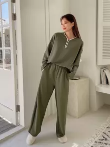 DAZY Contrast Binding Drop Shoulder Slant Pocket Lounge Set - Army Green - View 9