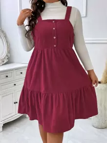SHEIN Unity Vestido overol bajo con fruncido de pana sin top - Rosa Roja - Ver 1