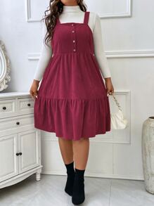 SHEIN Unity Vestido overol bajo con fruncido de pana sin top - Rosa Roja - Ver 3