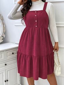 SHEIN Unity Vestido overol bajo con fruncido de pana sin top - Rosa Roja - Ver 4