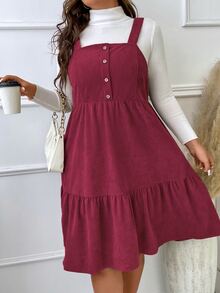 SHEIN Unity Vestido overol bajo con fruncido de pana sin top - Rosa Roja - Ver 5