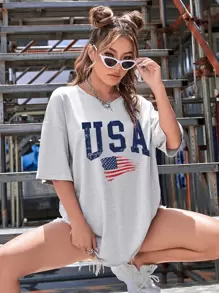 SHEIN EZwear American Flag And Letter Graphic Drop Shoulder Tee - Grey - View 1