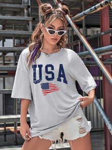 SHEIN EZwear American Flag And Letter Graphic Drop Shoulder Tee - Grey - View 3