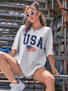 SHEIN EZwear American Flag And Letter Graphic Drop Shoulder Tee - Grey - View 4