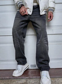 Manfinity Hombres Jeans de pierna recta unicolor - Gris Oscuro - Ver 5