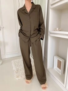 DAZY 素色前口袋落肩袖睡衣套裝 - 咖啡棕 - 查看 6